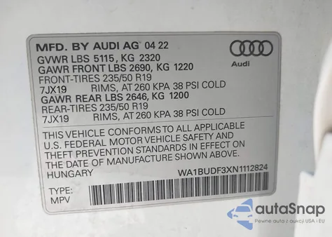 2022 Audi Q3 Premium Plus 40 Tfsi Quattro Tiptronic z USA, uszkodzony, nr VIN WA1BUDF3XN1112824